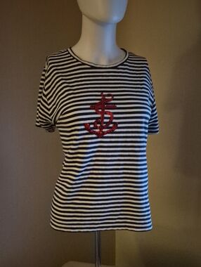 Jane Ashley Navy & White Striped Short-Sleeve Tee with Red Sequin Anchor
